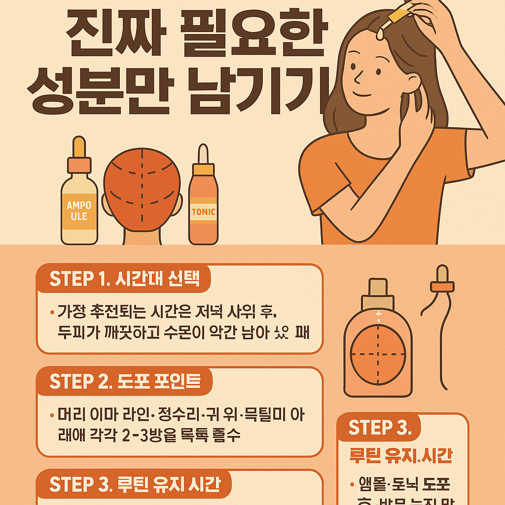 두피 앰플과 토닉을 효과적으로 사용하는 루틴을 소개하는 한국어 인포그래픽 이미지로, 도포 시간, 마사지, 흡수 타이밍 등 실전 루틴 요소가 포함된 플랫 스타일 일러스트