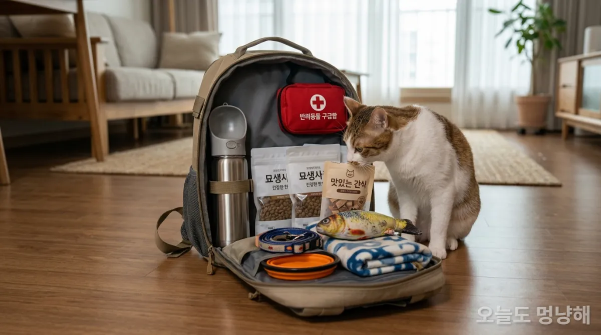 한국 가정의 나무 바닥에 놓인 열린 반려동물 생존 가방과 그 안의 필수 물품들, 고양이가 호기심 있게 가방을 살펴보고 있다.