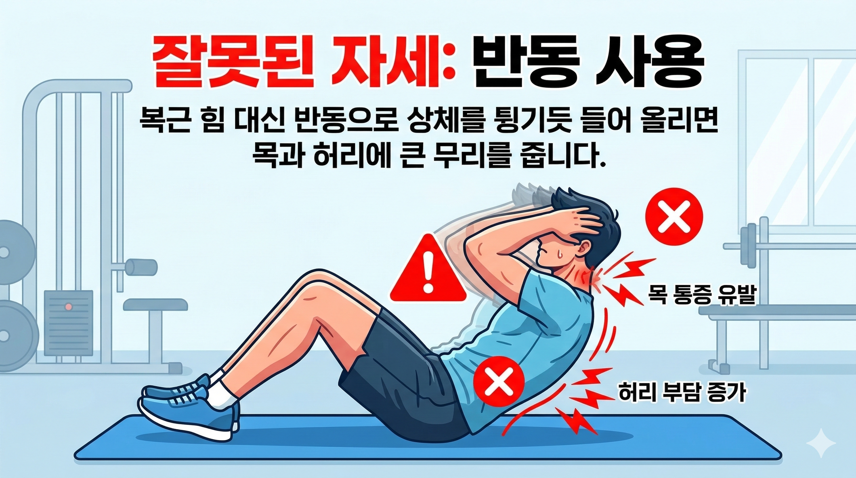 복근 운동 빠른 반복 반동 사용 크런치 자세 코어 긴장 붕괴