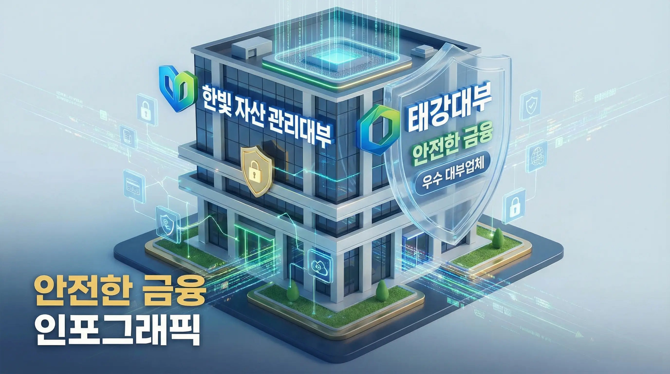 한빛 자산 관리 대부와 태강 대부 등 우수 대부업체 로고가 박힌 안전한 금융 건물의 3D 인포그래픽