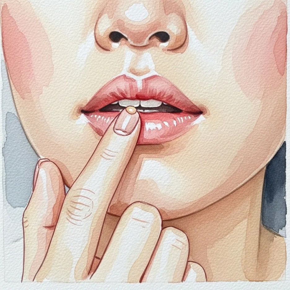 립 프라이머를 바르며 립 메이크업을 준비하는 손