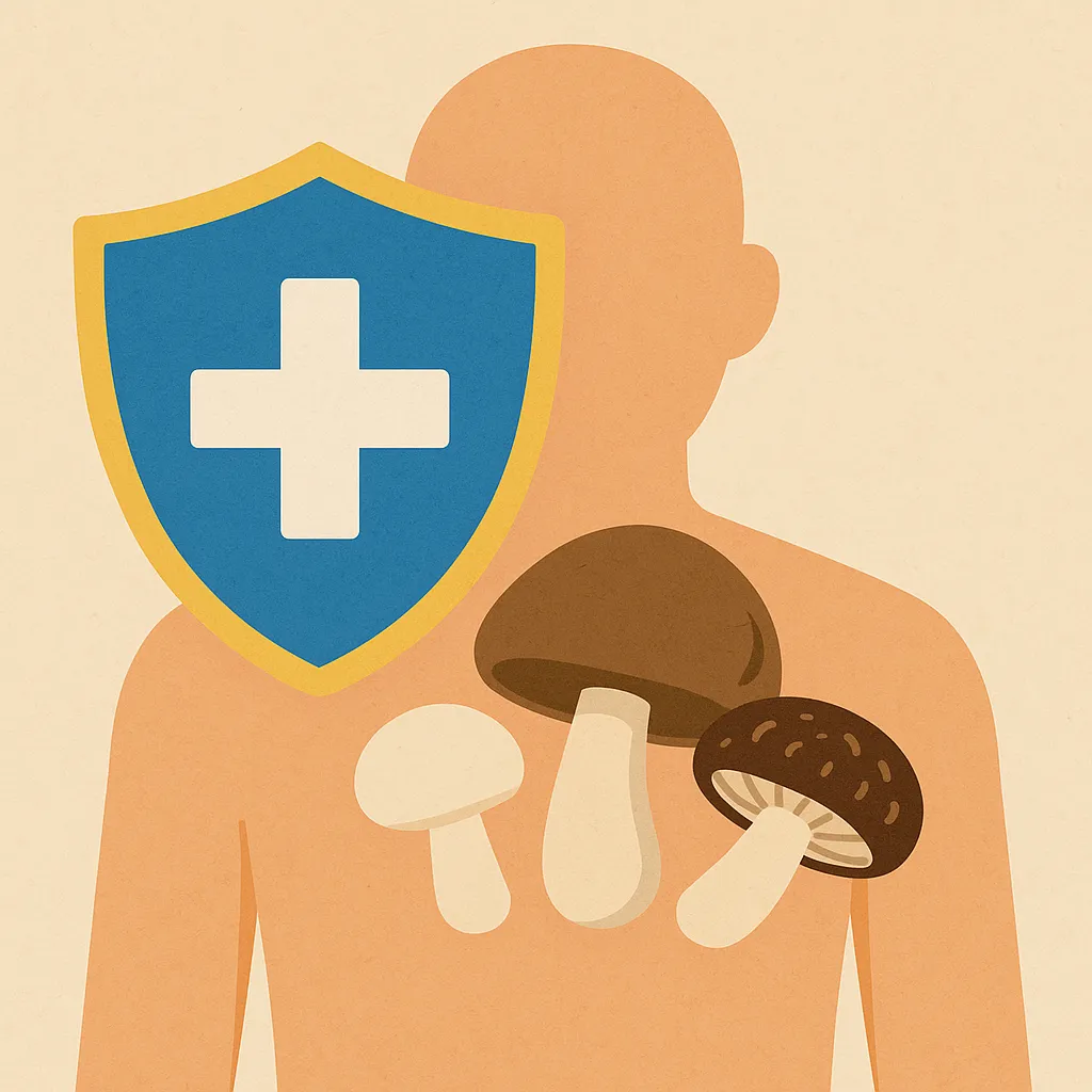 버섯이-면역력에-좋은-이유를-표현한-일러스트로,-사람의-가슴-부분에-세-종류의-버섯과-면역을-상징하는-푸른-방패가-그려져,-자연-면역-강화와-항산화-효과를-상징함.