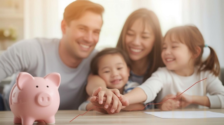 목돈으로 인해 자녀의 손을 잡고 행복하게 웃고 있는 부모의 모습