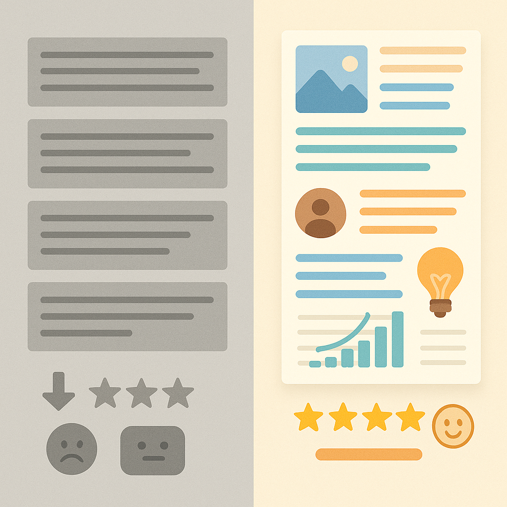 개인 경험 추가를 통한 콘텐츠 품질 개선 전후 비교 이미지 - 왼쪽은 반복적 패턴과 밋밋한 텍스트 블록으로 구성된 일반적인 AI 생성 콘텐츠와 낮은 참여도 지표, 오른쪽은 개인적 경험 요소와 독특한 인사이트, 다양한 포맷팅이 적용된 향상된 콘텐츠와 높은 참여도 측정값을 대조적으로 보여주는 전문적인 비교 레이아웃