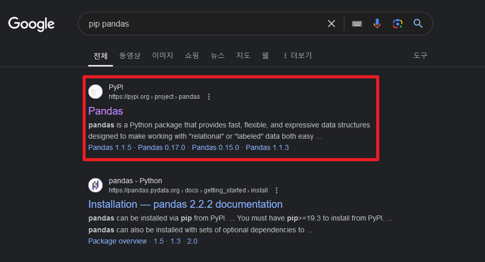 google pip pandas