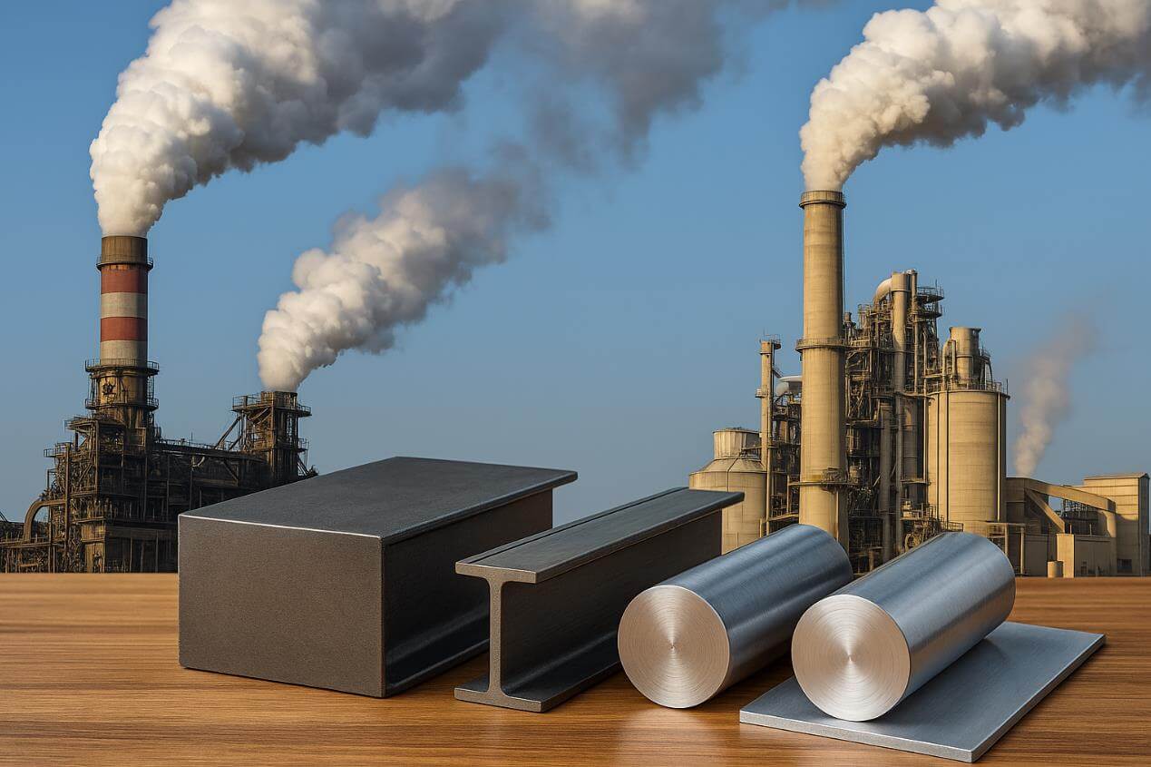제철소 굴뚝에서 연기가 나고 앞에 철강 제품이 진열된 모습.