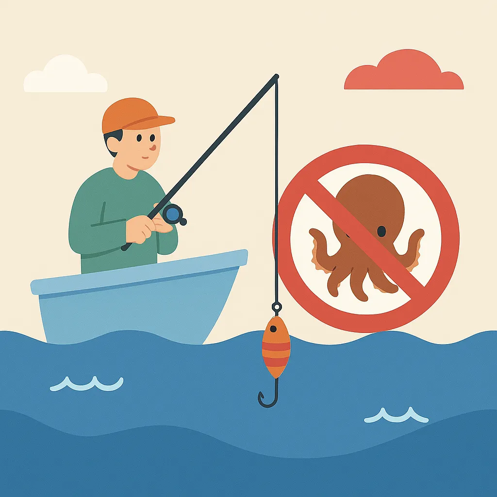 주꾸미 금어기 중 낚시 금지를 표현한 보트와 금지 표지