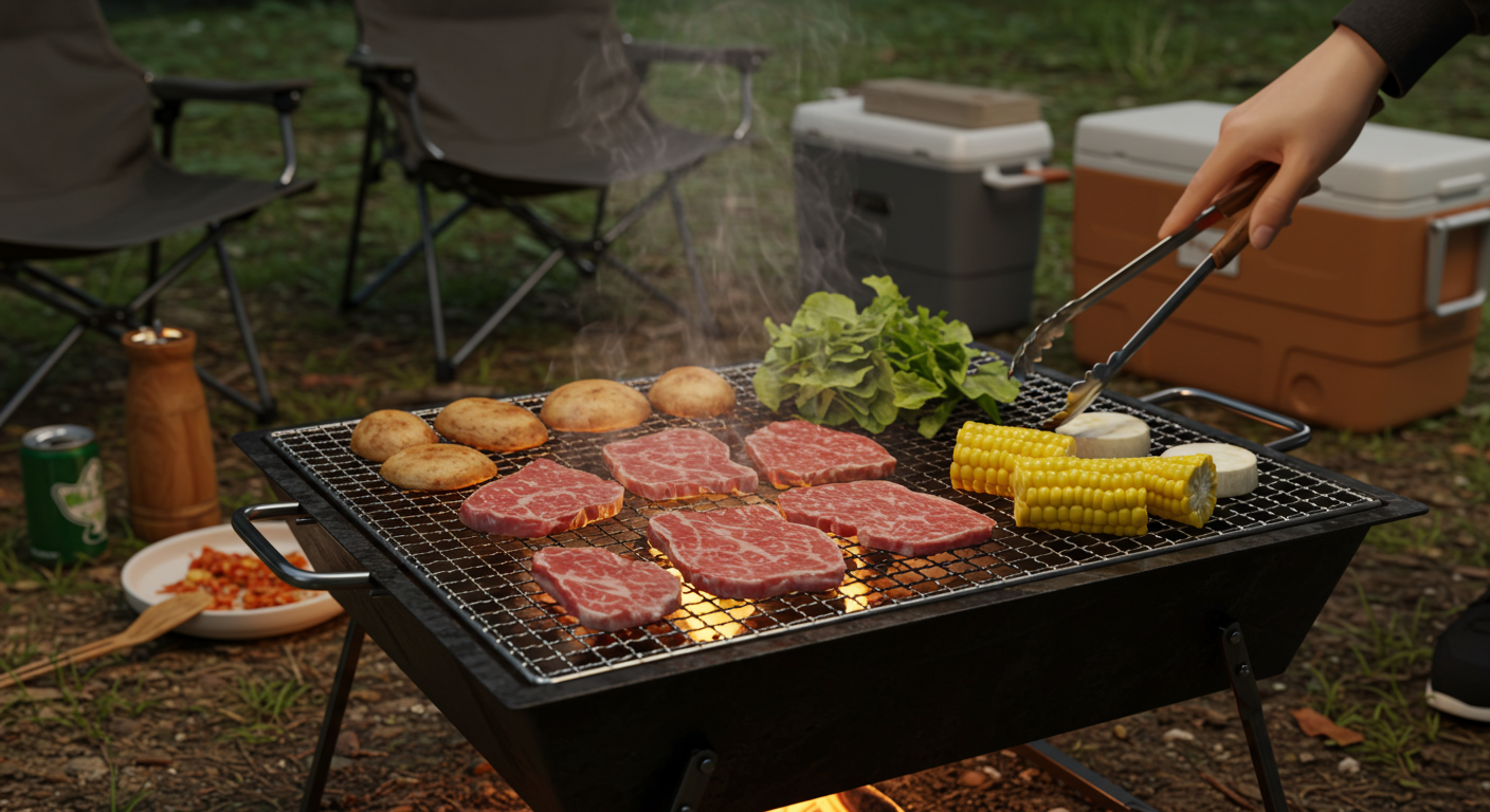 홍천 캠핑장에서 홍천 한우를 바비큐 하는 모습
