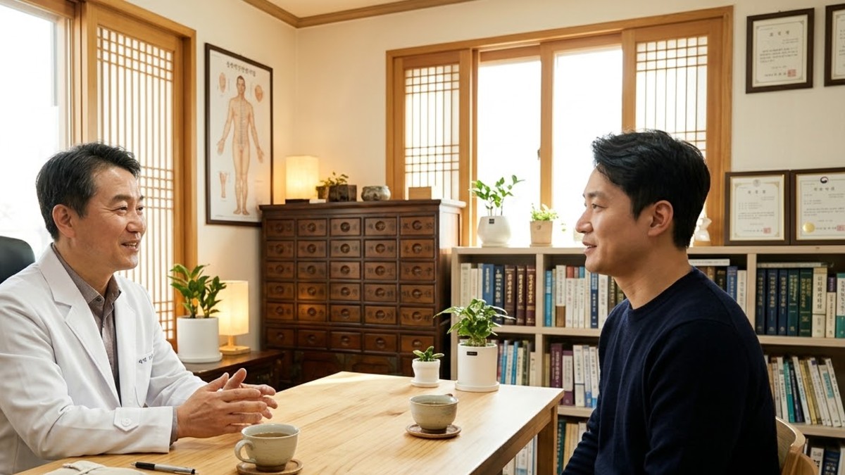 한의원 상담실에서 한의사가 환자와 식습관에 대해 상담하는 모습
