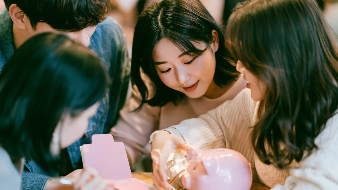저금통과 가계부를 앞에 두고 이야기 나누는 모임 사람들