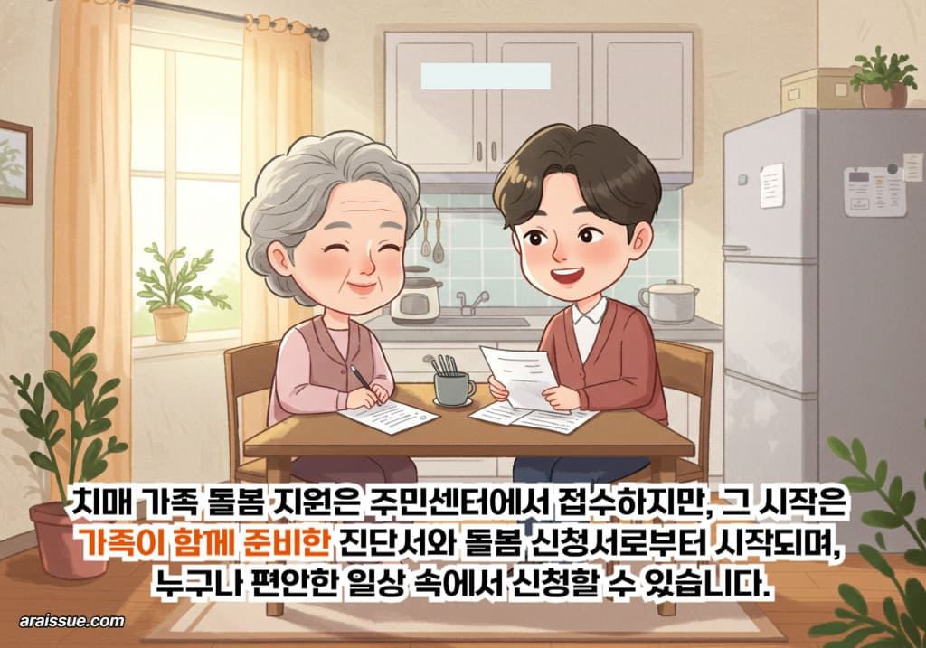 치매 환자 가족이 집에서 돌봄 지원 신청서를 함께 작성하고 필요한 서류를 준비하는 장면으로, 치매 가족 돌봄 지원제도가 따뜻한 가족 중심 돌봄 환경에서 시작될 수 있음을 보여줍니다.
