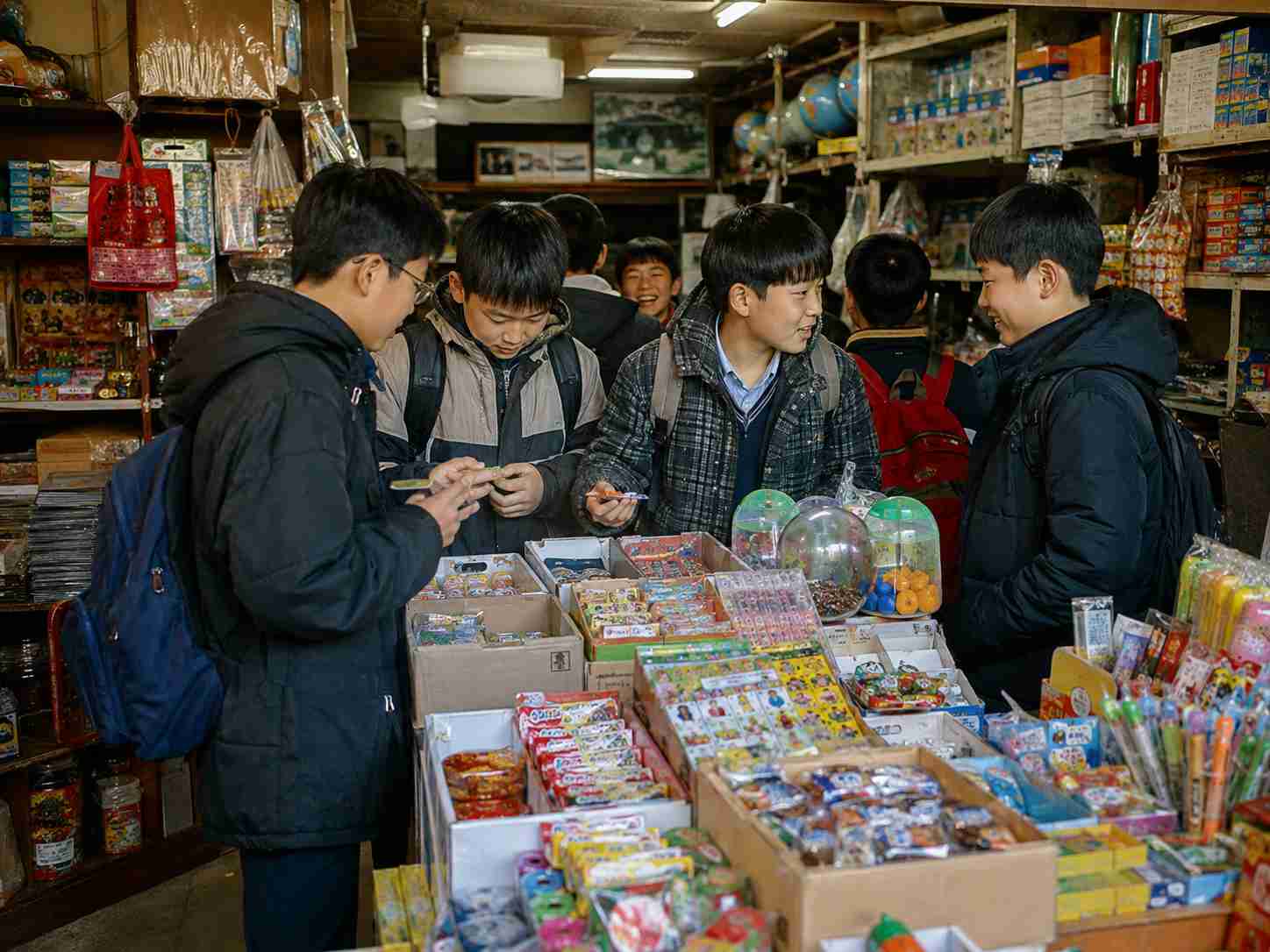 여러 학생이 작은 동네 문방구 안에서 장난감과 문구류가 놓인 진열대를 둘러보며 물건을 고르는 모습