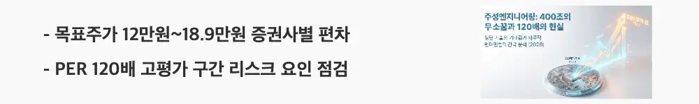 주성엔지니어링 주가 전망: '목표주가 12만원~18.9만원 증권사별 편차'라는 문구가 포함된 웹배너 이미지. 이 이미지는 증권사별 주성엔지니어링 목표주가 비교와 밸류에이션 리스크를 시각적으로 전달하며, 블로그의 주성엔지니어링 목표주가 전망과 관련된 내용을 설명함