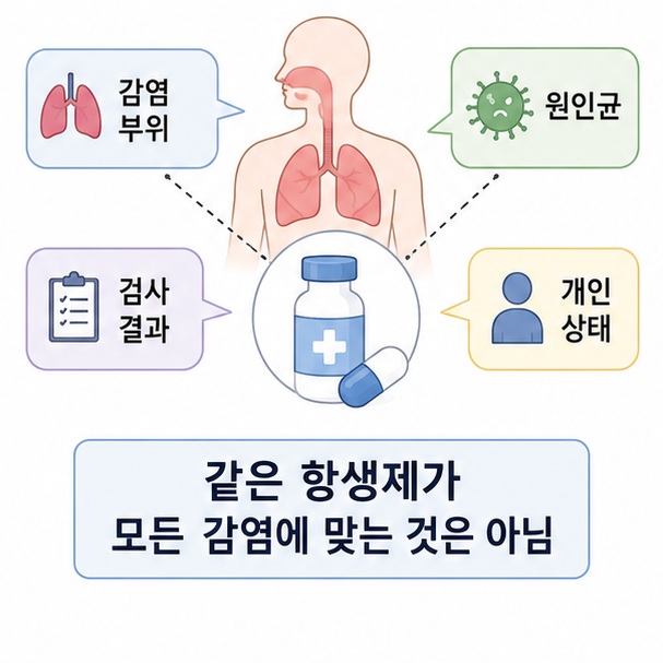 감염 부위와 원인균, 검사 결과, 개인 상태에 따라 적절한 항생제 종류가 달라지는 과정을 표현한 이미지