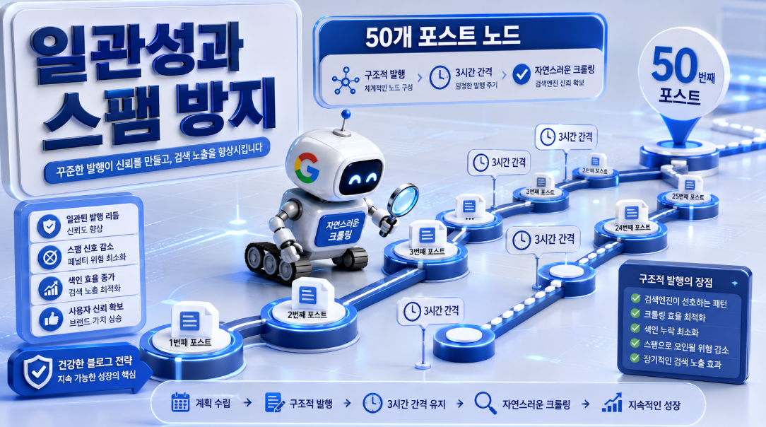 스팸 필터를 피하기 위한 3시간 간격 예약 발행 및 50개 포스팅 축적 전략 도식화