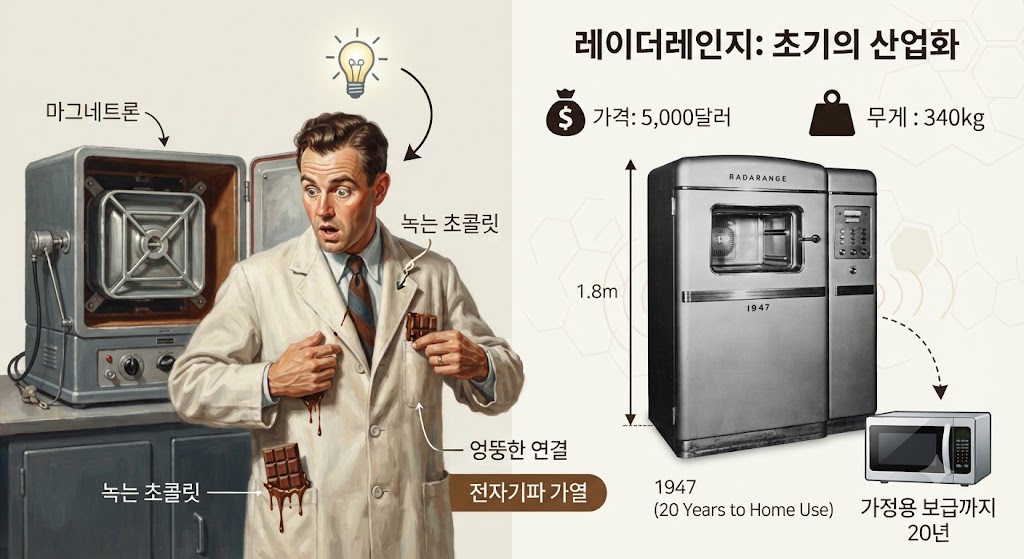 레이더 기술자 퍼시 스펜서는 어떻게 주머니 속 녹은 초콜릿 바에서 전자레인지라는 혁신적인 아이디어를 떠올렸을까요? '훈련된 눈'이 만들어낸 세 번째 조건, '엉뚱한 연결'의 순간을 조명합니다. 1945년 마그네트론 앞의 우연한 발견이 1947년 출시된 키 1.8m, 무게 340kg의 거대한 상용 전자레인지 '레이더레인지(Radarange)'로 이어지기까지, 발명과 상용화 사이의 20년이라는 시간 격차와 경제학적 의미를 분석합니다.