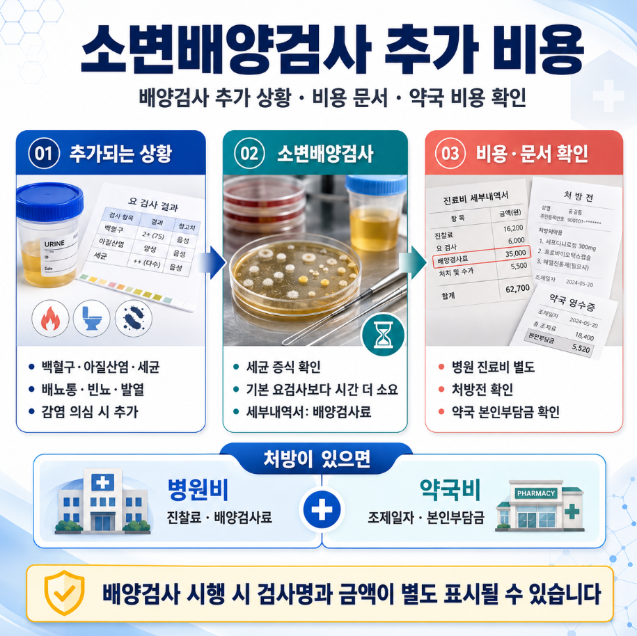 소변배양검사가 추가되는 상황과 배양검사료, 처방전, 약제비 영수증 확인 방법을 정리한 의료 인포그래픽