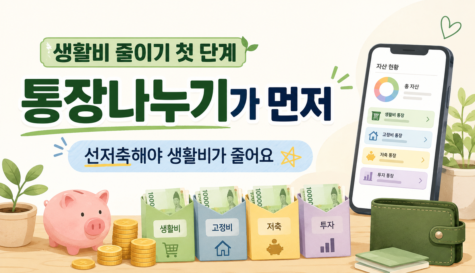 생활비를 줄이기 위해 통장나누기와 선저축이 먼저라는 대표 이미지