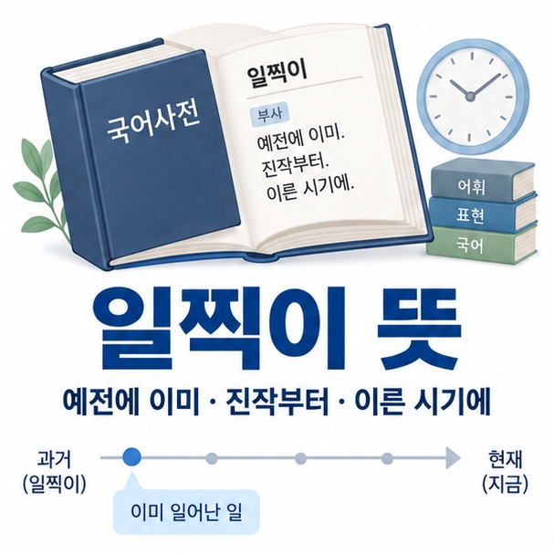 일찍이 뜻과 예전에 이미 진작부터 이른 시기에라는 의미를 사전형으로 보여주는 교육용 이미지