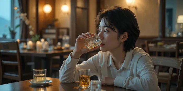 대장내시경후 식사와 음주를 하기 위해 고민하고 있는 여성의 모습