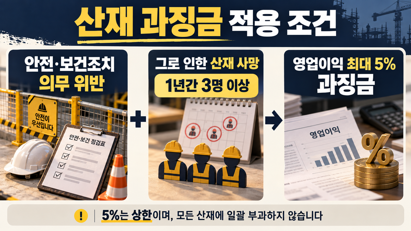 안전·보건조치 의무 위반과 1년간 3명 이상 사망이라는 과징금 적용 조건
