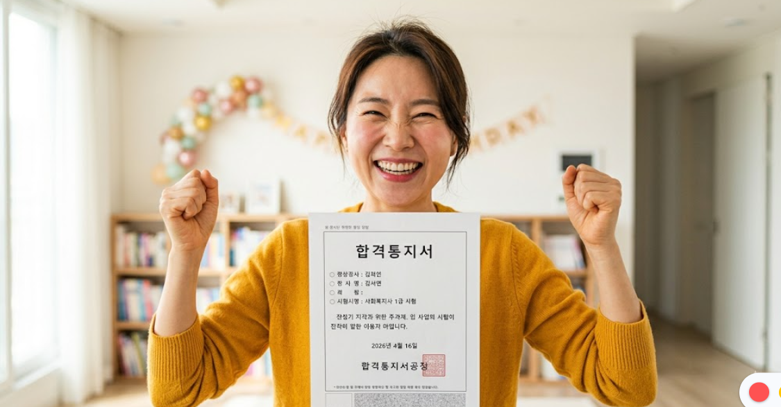 합격 통지서를 들고 환하게 웃고 있는 사회복지사의 모습