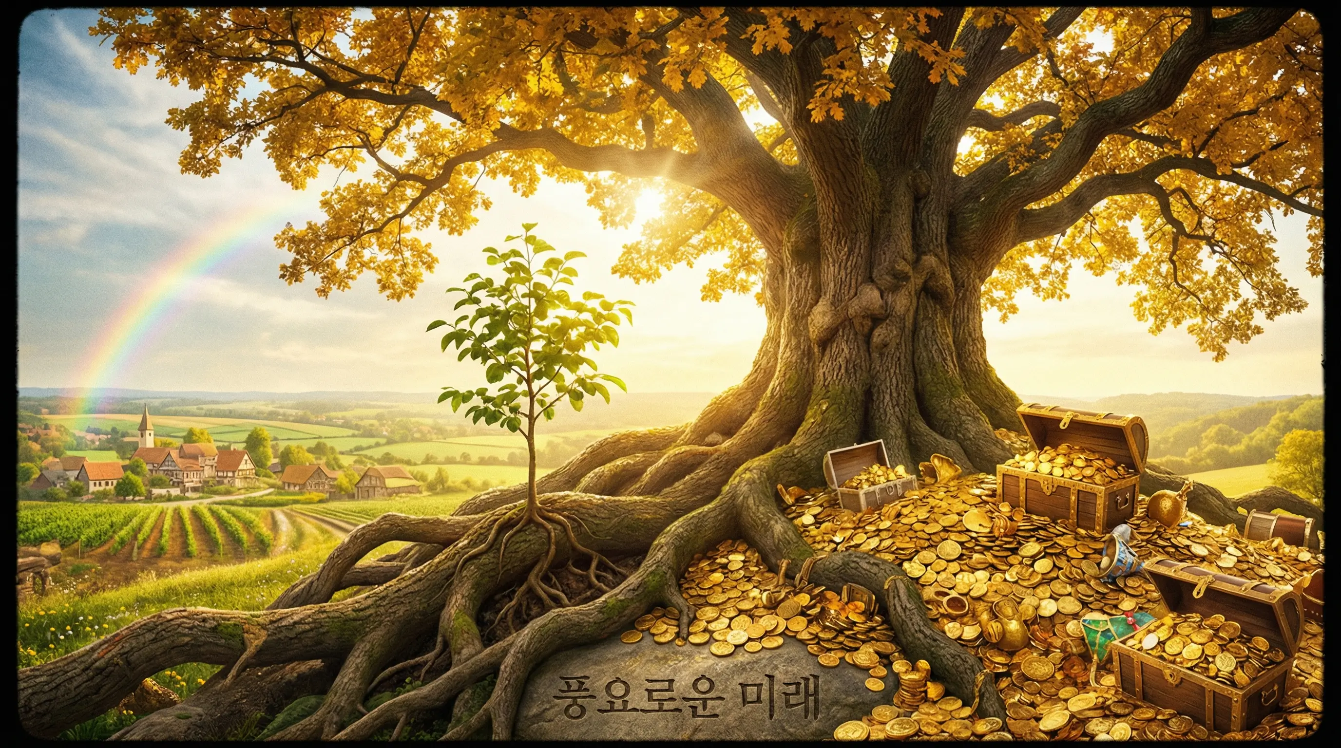 작은 묘목이 자라나 큰 나무가 되고 그 아래 금화가 쌓여있는 풍요로운 미래의 이미지