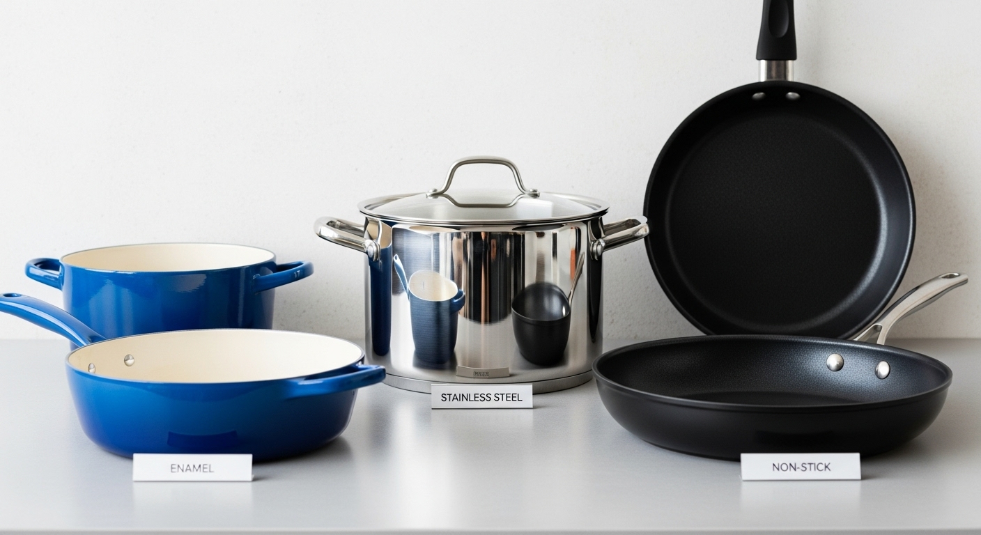 스테인리스, 법랑, 코팅 등 다양한 재질의 냄비들이 나란히 놓여 냄비 종류별 맞춤 관리의 중요성을 시각적으로 보여주는 모습