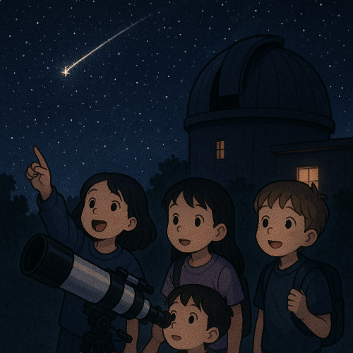 4명의 남녀 초등학생 아이들이 밤에 천문대에서 별과 유성우를 보는 모습