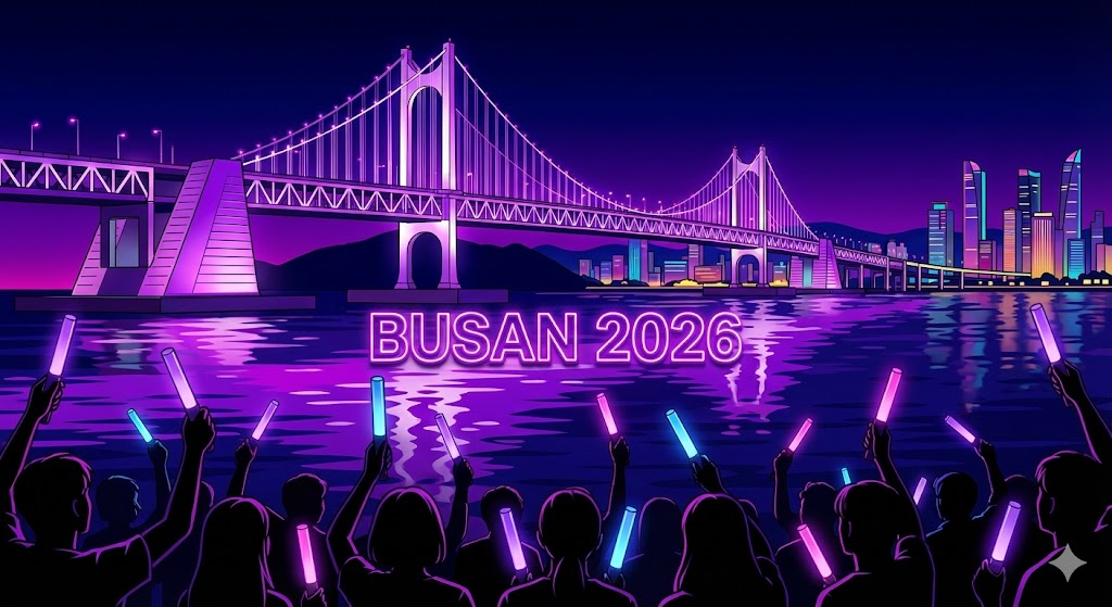 보라색 조명으로 빛나는 광안대교 야경과 응원봉을 든 아미들의 실루엣, 2026 BTS 컴백 부산 여행 썸네일