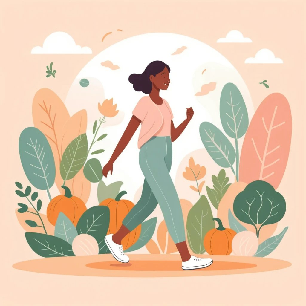 가을 풍경 속에서 운동을 위해 걷고 있는 여성의 일러스트. 주황색과 녹색 식물과 호박이 배경을 이루고 있음