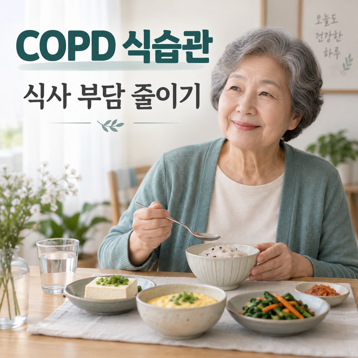 COPD 식습관과 식사 부담 줄이기 문구 아래 식탁에 앉아 밥과 반찬을 먹는 어르신