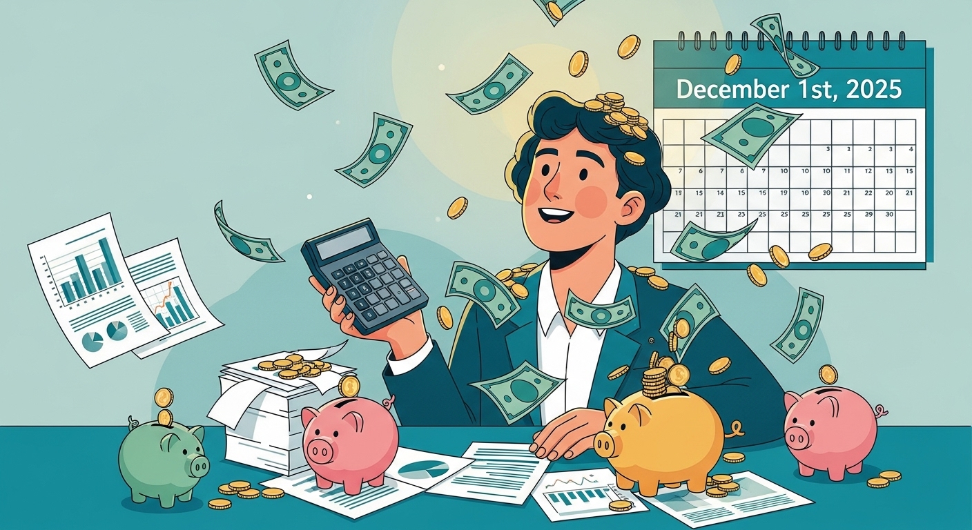 2025년 12월 1일, 웃으며 환급금을 받는 직장인이 계산기와 서류에 둘러싸여 있는 연말정산 준비 모습