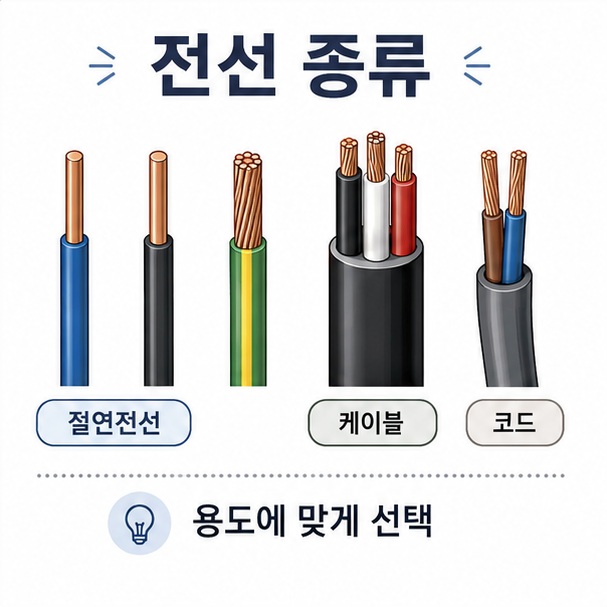 절연전선과 케이블, 코드를 서로 다른 단면과 형태로 표현해 전선이 구조와 사용목적에 따라 여러 종류로 나뉜다는 점을 보여 주는 그림