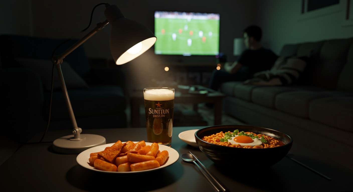 먹음직스러운 떡볶이, 라면, 맥주 한컵이 놓여있는 야식 한 상 차림 사진