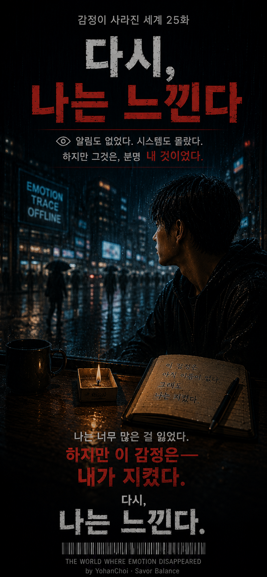 Vertical cover art for Episode 25, the final chapter of the dystopian science fiction series The World Where Emotion Disappeared. A man sits beside a rain-covered window in a dark futuristic city, with a mug, a small burning match, and an open handwritten notebook on the table. A nearby screen reads &ldquo;EMOTION TRACE OFFLINE,&rdquo; indicating that the system is no longer detecting his emotion. Korean title text reads &ldquo;다시, 나는 느낀다,&rdquo; while additional text emphasizes that the unnamed emotion belongs to him and that he has kept it. The bottom includes the English series title and the credit &ldquo;by YohanChoi &middot; Savor Balance.&rdquo;