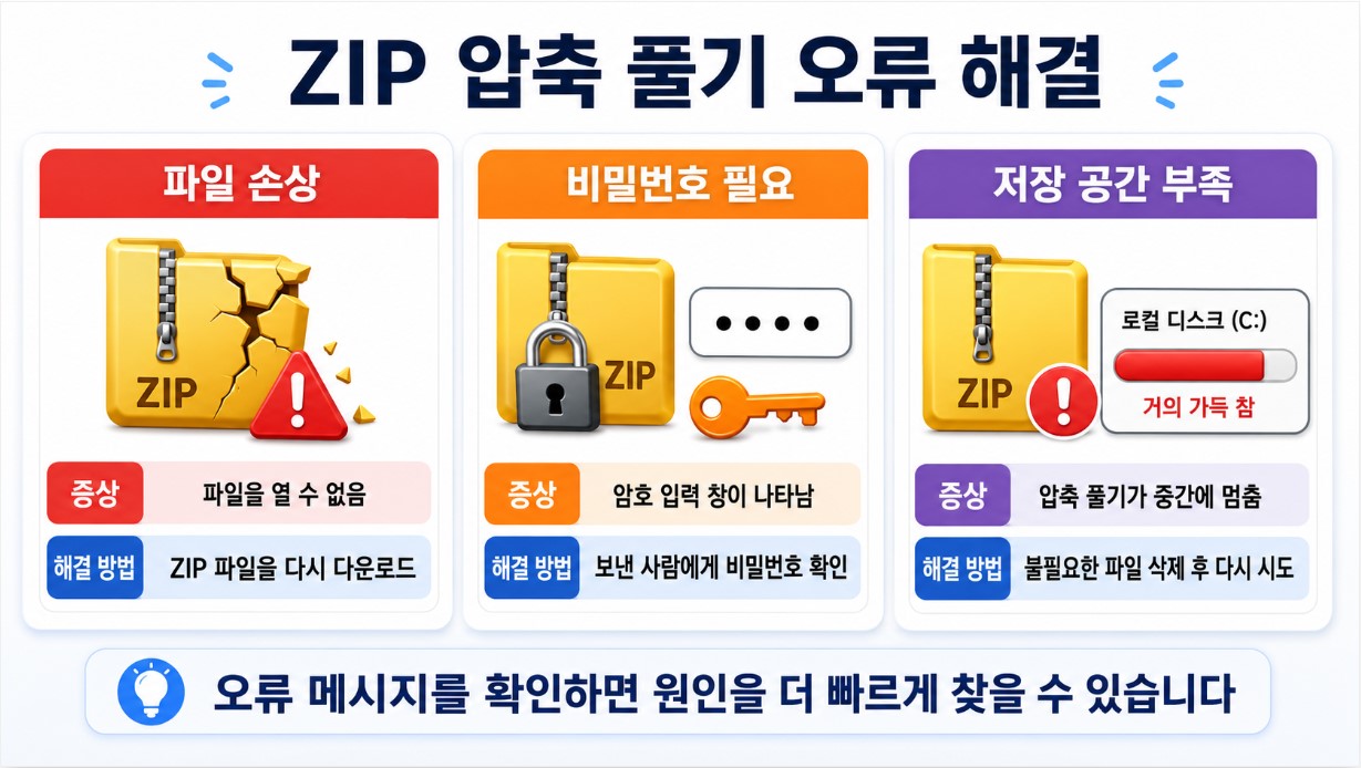 오류 해결 아래: 손상·비밀번호·용량 부족 비교 이미지