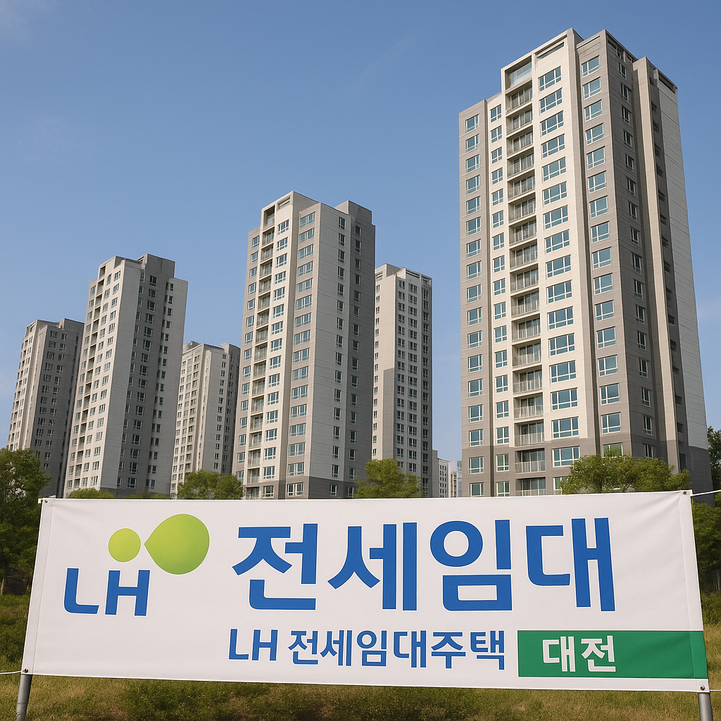 대전의 고층 아파트 단지와 LH전세임대 안내 현수막