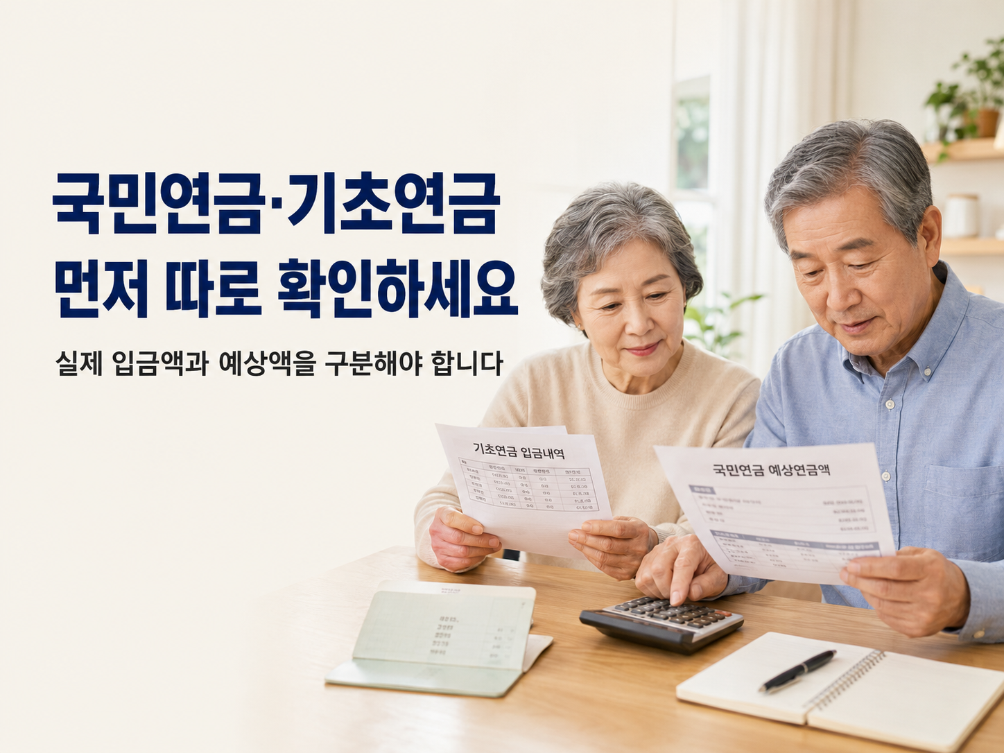 60대 한국인 부부가 국민연금 예상연금조회 결과와 기초연금 입금 내역을 나란히 펼쳐 놓고 월 연금 수입을 계산하는 모습