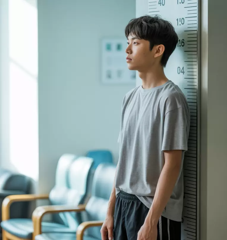 병원에서 키를 재고 있는 이미지