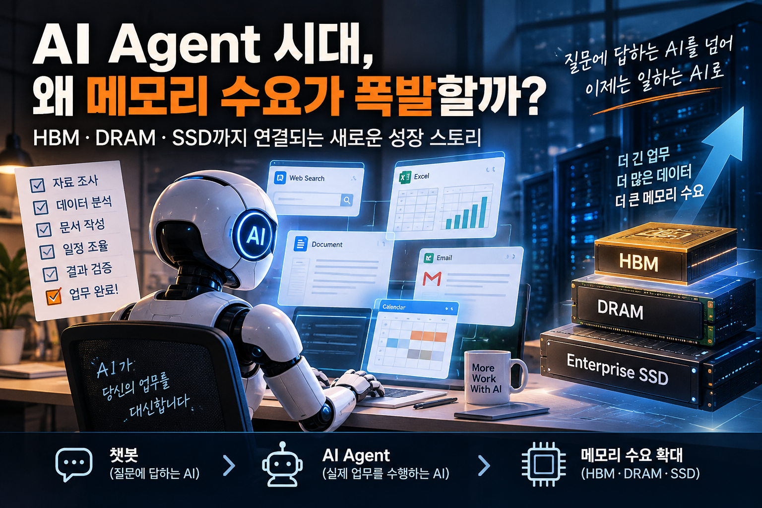 AI Agent 확산으로 HBM&middot;DRAM&middot;SSD 메모리 수요가 증가하는 구조를 표현한 이미지
