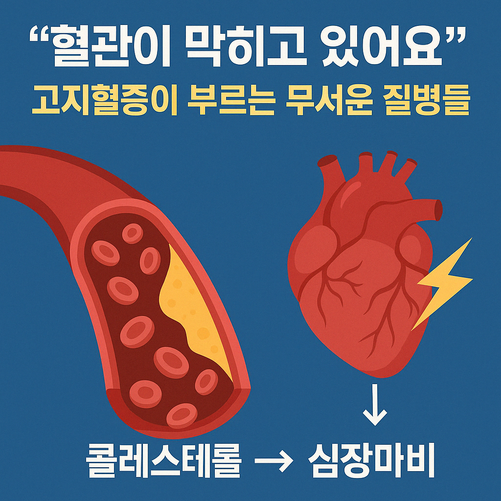"고지혈증으로 인해 콜레스테롤이 혈관을 막아 심장마비를 유발하는 과정을 설명하는 인포그래픽. 왼쪽은 지방이 쌓인 혈관, 오른쪽은 심장과 번개 아이콘으로 위험성을 표현."