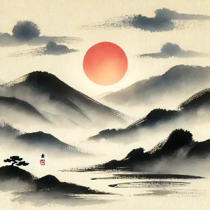 해돋이-산-나무-수묵담채화