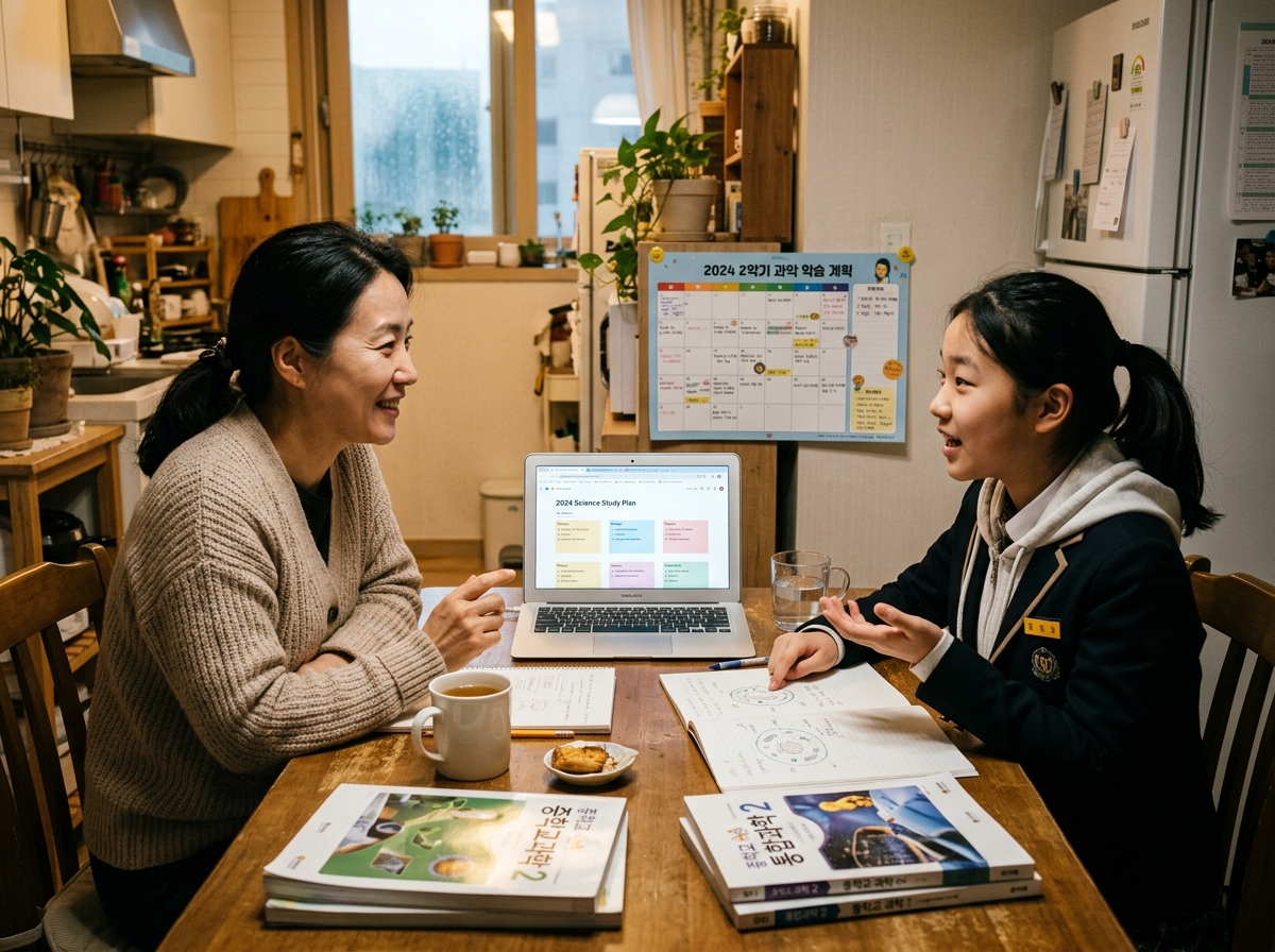 부모님과 함께 과학 학습 계획을 상의하는 학생