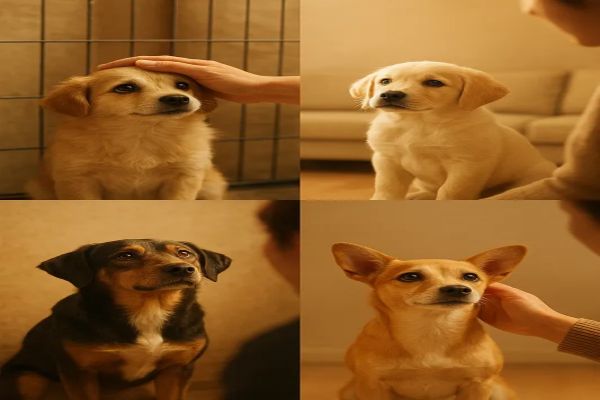 다양한 품종의 강아지들이 각기 다른 배경에서 희망찬 눈빛으로 새로운 가족을 기다리는 모습. 보호소, 거실, 마당 등 다양한 장소에 있는 강아지들 위로 따뜻한 보호자의 시선이 부드럽게 드리워진 장면