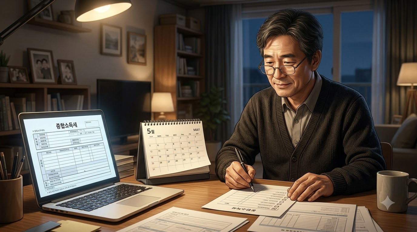 노트북 화면의 세금 신고 화면 앞에서 5월 달력을 넘기며 체크 표시를 하는 50대 남성