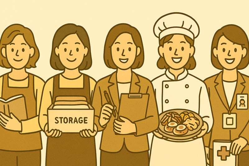 방과후지도사, 정리수납전문가, 사회복지사, 한식조리기능사, 병원동행매니저로 보이는 다섯 명의 여성이 각 직업을 상징하는 오브제를 들고 나란히 서 있는 밝은 표정의 일러스트