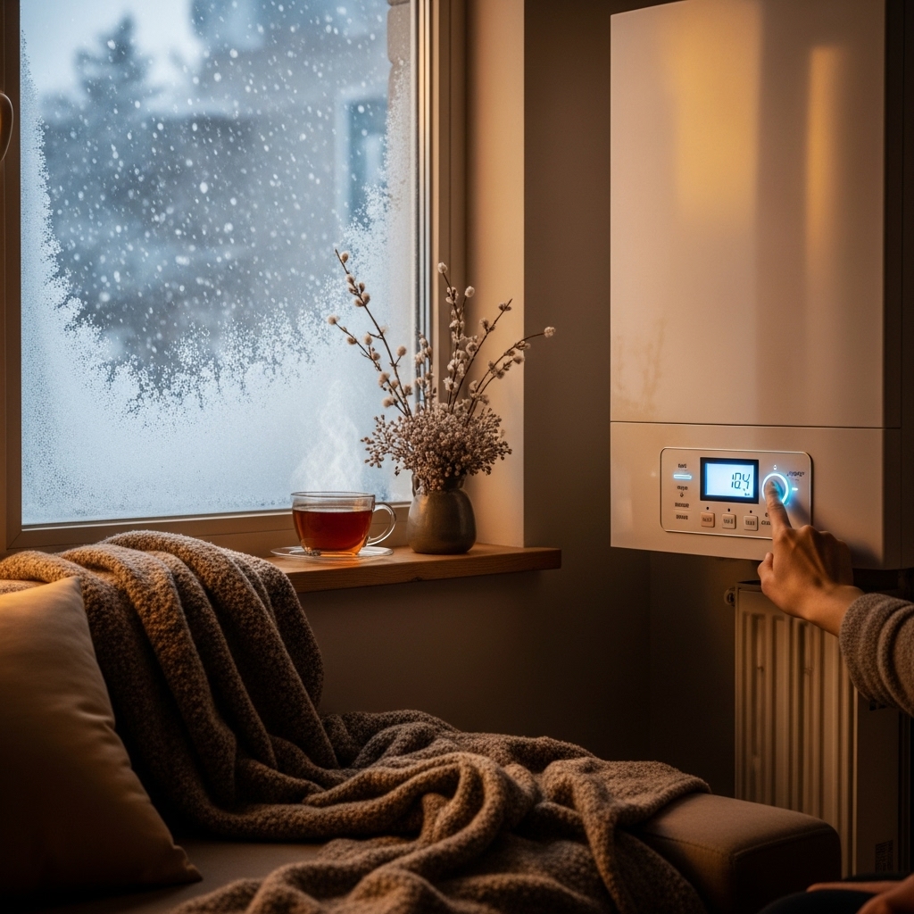 창밖으로 눈이 내리는 따뜻한 거실에서 보일러 컨트롤러를 외출 모드로 설정하는 손. 겨울철 동파를 미리 예방하는 안전하고 아늑한 집의 모습을 담고 있습니다.