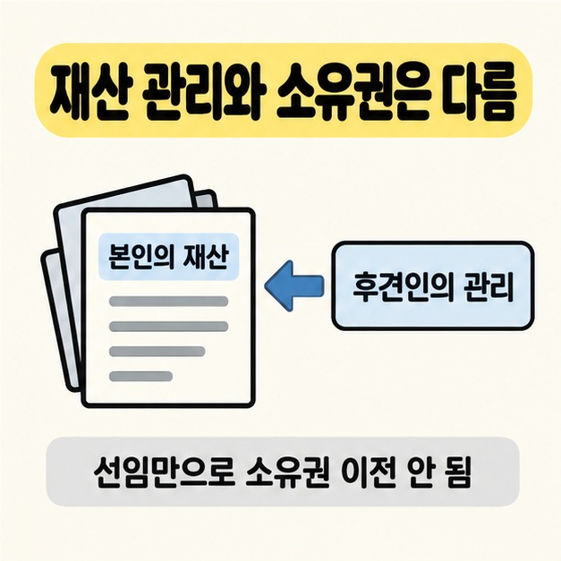 후견인의 관리에서 본인의 재산을 가리키는 화살표와 선임만으로 소유권이 이전되지 않는다는 안내 도식
