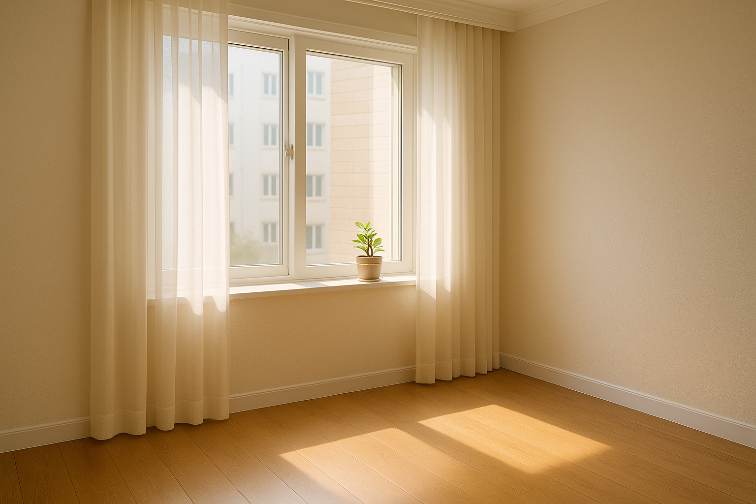 아침 햇살이 들어오는 창가와 부드러운 커튼이 있는 따뜻한 인테리어